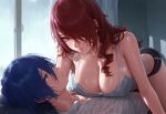  1boy 1girl blue_hair breasts cleavage couple minato_arisato mitsuru_kirijo persona_3 red_hair 