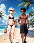  ai_generated beach bikini blue_sky brown_skin dark_skin light_skin palm_tree short_hair sunglasses sunlight white_hair 