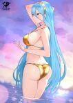  1girl 1girl alluring alternate_costume arm_up artist_logo ass azura_(fire_emblem) big_breasts bikini blue_hair butt_crack closed_mouth cloud facing_to_the_side fire_emblem fire_emblem_fates from_behind gold_bikini gold_choker gold_hairband gradient_sky hairband hand_up high_res kaos_art long_hair looking_to_the_side nintendo purple_sky sideboob sky sparkle strap_gap swimsuit very_long_hair wading water wet yellow_eyes yellow_sky 