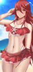 1girl 1girl 1girl alluring arcedo bare_arms bare_legs bare_shoulders beach big_breasts bikini bikini_skirt bikini_top cordelia_(fire_emblem) cordelia_(summer)_(fire_emblem) fire_emblem fire_emblem_awakening fire_emblem_heroes gloves hair_between_eyes hair_ornament long_hair looking_at_viewer medium_breasts midriff milf nintendo red_bikini red_eyes red_hair red_swimsuit seaside smile solo_female sunlight swimsuit thighs very_long_hair wide_hips