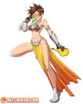  1girl activision alternate_costume blizzard_entertainment british brown_eyes brown_hair chronal_accelerator condom condom_in_mouth gloves lena_oxton orange-tinted_eyewear overwatch reit short_hair slave_leia_(cosplay) tracer_(overwatch) video_game_character video_game_franchise white_background 