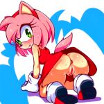  1girl ai_generated all_fours amy_rose anus ass blush dat_ass furry furry_female gloves green_eyes looking_back pink_fur pussy pussy_juice red_dress sega simple_background sonic sonic_the_hedgehog_(series) upskirt 