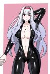 1girl alluring big_breasts bodysuit cleavage idolmaster magenta_eyes pin_up posing rider_suit shijou_takane silver_hair takane_shijou unzipped_bodysuit さいふぁー