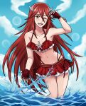 1girl 1girl ;d alisa_(vallurite) alluring alternate_costume bare_legs bikini bikini_skirt collarbone cordelia_(fire_emblem) cordelia_(summer)_(fire_emblem) fingerless_gloves fire_emblem fire_emblem_awakening fire_emblem_heroes gloves hair_between_eyes long_hair long_red_hair looking_at_viewer nintendo one_eye_closed open_mouth open_smile red_bikini red_eyes red_hair red_swimsuit sky small_breasts smile solo_female splashing sweat swimsuit very_long_hair wet winking