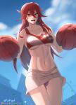 1girl 2023 alluring alternate_costume artist_name athletic_female blush cheerleader cheerleader_uniform cordelia_(fire_emblem) embarrassed female_abs female_only fire_emblem fire_emblem_awakening fit_female flustered from_below hair_ornament hair_wings hocen hocen_hosen_(artist) light-skinned_female light_skin long_hair looking_at_viewer looking_down medium_breasts nintendo open_mouth panties pantyshot pom_poms purple_panties red_eyes red_hair under_boob underwear upskirt vilde_loh_hocen watermark