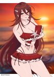  1girl 1girl 1girl alluring alternate_costume bare_thighs bikini bikini_skirt breasts cleavage cordelia_(fire_emblem) cordelia_(summer)_(fire_emblem) cryptid_crab female_only fingerless_gloves fire_emblem fire_emblem_awakening fire_emblem_heroes gloves medium_breasts nintendo ocean official_alternate_costume outside red_bikini red_swimsuit sunset swimsuit thighs 