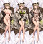 1girl 1girl ask---dududu blush breasts brown_hair choker dakimakura_(medium) double_bun fishnet_dress girls_frontline high_resolution light_brown_hair medium_breasts navel nude official_alternate_costume p90_(girls_frontline) red_eyes short_hair smile tongue tongue_out very_high_resolution