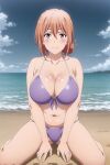  1girl alluring bare_legs beach big_breasts bikini blue_sky cleavage milf ocean on_knees orange_eyes orange_hair takanentr yahari_ore_no_seishun_lovecome_wa_machigatteiru. yuigahama_yui&#039;s_mother 