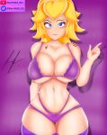 1girl blonde blonde_hair blue_eyes boxhead_sc female female_only large_breasts long_blonde_hair long_hair looking_at_viewer mostly_nude nintendo nipples pointing princess_peach purple_background purple_bra purple_panties purple_underwear royalty shadow smirk solo standing stockings super_mario_bros. super_smash_bros. tagme tattoo thick_thighs thigh_gap thighhighs thin_waist