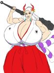  blue_hair club gigantic_ass gigantic_breasts green_hair horns hourglass_figure momiji_(artist) one_piece orange_eyes ponytail white_hair yamato_(one_piece) 