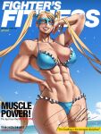 1girl abs athletic_female biceps big_breasts blonde_hair blue_eyes breasts cleavage cover domino_mask english_text female_abs fit_female hair_pulled_back high_res lips long_hair looking_at_viewer magazine_cover makeup mask mootium rainbow_mika smile street_fighter thick_thighs thighs twin_tails twitter_username wrestling_mask