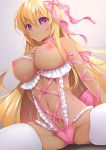 1girl big_breasts blonde_hair cupless_bra dark_skin hair_bow hair_ornament hair_ribbon laced_clothing looking_at_viewer momoi_komomo nipples pink_panties pink_underwear purple_eyes smile stockings stockings tan white_background