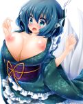 1girl blue_eyes blue_hair blush breasts fishing_hook futanari head_fins huge_breasts japanese_clothes kimono mermaid monster_girl nenekoneko nipples obi open_mouth sash short_hair solo touhou wakasagihime wide_sleeves