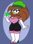  big_ass big_breasts big_thighs black_pants black_pupils blue_background brown_fur chaos_emerald erickverse furry furry_female green_hat hedgehog hedgick_(erickverse) hedgika_(erickverse) looking_at_viewer rouge_the_bat_(cosplay) smiling_at_viewer white_boots white_gloves 