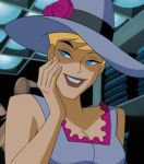 batman_beyond blonde_hair blue_eyes chelsea_cunningham cleavage clothed_female dc_comics dcau dress hat