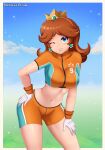  1girl 1girl absurd_res alluring bent_over big_breasts blue_eyes breasts brown_hair hand_on_own_hip hand_on_own_thigh hand_on_thigh high_res leaning_forward mario_(series) midriff navel nintendo one_eye_closed patdarux princess princess_daisy sensual short_hair shorts smile soccer_uniform sportswear super_mario_bros. super_mario_strikers wink 