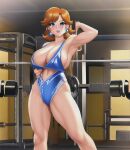 1girl alluring athletic_female big_breasts blue_eyes bra brown_hair cleavage female_only fit_female gym light-skinned_female mario_(series) nintendo princess_daisy short_hair super_mario_bros. training_room zengai