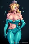 1girl abs alluring athletic_female big_breasts blonde_hair blue_eyes breasts cleavage crown dress female_abs female_only fit_female hair_over_one_eye looking_at_viewer mario_(series) nintendo princess_rosalina r3ydart super_mario_bros.