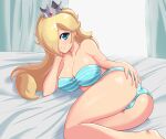 1girl alluring alternate_costume aqua_bra aqua_panties ass ass_focus bare_arms bare_legs bare_shoulders bed big_ass blonde_hair blue_eyes blush bra breasts bubble_ass bubble_butt butt_focus cleavage closed_mouth cogbrony collarbone crown curtains dat_ass day erect_nipples eyebrows_visible_through_hair female_only hair_over_one_eye hand_on_own_ass hand_on_own_face human human_only jewelry legs lingerie long_hair looking_at_viewer lying mario_(series) neck nintendo on_bed on_side panties presenting presenting_hindquarters princess_rosalina rosalina shiny_hair shiny_skin smile strapless strapless_bra striped striped_bra striped_panties super_mario_bros. thick_ass