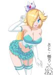 1girl alluring big_breasts blonde_hair blue_eyes breasts cleavage crown cute detached_sleeves grin hair_over_one_eye lingerie mario_(series) nintendo open_mouth princess princess_rosalina satosatori smile stockings super_mario_bros.