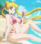  1girl 1girl 1girl alluring beach bikini bishoujo_senshi_sailor_moon blonde_hair blue_eyes blush danmakuman female_only fit_female ice_cream licking_lips long_hair seaside swimsuit usagi_tsukino wink 