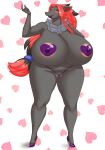  1girl big_ass big_breasts bikini deadpliss grey_skin heart heart_background heart_pasties huge_breasts lingerie massive_breasts panties pasties red_hair seductive tanga valentine&#039;s_day zoroark 