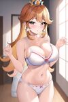 1girl alluring ass bra long_hair mario_(series) nintendo panties princess_daisy super_mario_bros. white_bra white_panties zengai