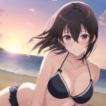  1girl alluring bare_legs beach big_breasts bikini kancafe ocean on_knees purple_eyes sea silf sunset yahari_ore_no_seishun_lovecome_wa_machigatteiru. yukinoshita_haruno 