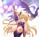 1girl 1girl 1girl adapted_costume areola armpits artist_name azto_dio bangs bare_shoulders big_breasts bird blonde blonde_hair blurry_background blush breastless_clothing breasts breasts_apart breasts_out_of_clothes detached_sleeves dress erect_nipples exhibitionism exposed_breasts eyepatch female_only female_solo finger_pointing fischl_(genshin_impact) floating_hair genshin_impact green_eyes hair_ornament hair_over_one_eye high_resolution holding holding_microphone holding_object long_hair microphone nail_polish neck_ribbon nipples no_bra one_eye_covered open-mouth_smile open_mouth paid_reward patreon_reward patreon_username pointing pointing_up pose public public_nudity purple_dress purple_nails purple_ribbon ribbon slender_waist smile stage_lights standing tongue two_side_up upper_body very_high_resolution very_long_hair