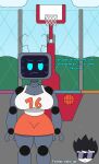 basketball basketball_uniform big_ass big_breasts big_thighs friday_night_funkin friday_night_funkin_mod hex_(yingyang48) oc orange_pants robot_girl simple_background spanish_text un_robot_artista_(artist) white_shirt