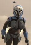 armor big_breasts bo-katan_kryze breast_expansion flying gun helmet huge_breasts massive_breasts milf paperface_(artist) photoshop star_wars weapons