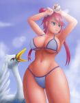  1girl abs ambiguous_gender armpits avian bikini blue_bikini blue_eyes blue_sky breasts brown_eyes creatures_(company) day daytime female_human feral goose hair_ornament huge_breasts large_thighs light-skinned_female light_skin looking_at_side nintendo pokeball pokemon pokemon_(game) pokemon_bw pokemon_trainer pussy red_hair saf-404 safartwoks safartworks skyla_(pokemon) swanna 