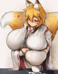 1girl 1girl 1girl animal_ears breast_grab breast_milk breast_milking breasts clothed donkey20210401 fox_ears fox_girl fox_tail huge_breasts kitsune lactating lactating_in_glass lactating_through_clothing lactation lactation_through_clothes milking nipples_visible_through_clothing senko_(sewayaki_kitsune_no_senko-san) sewayaki_kitsune_no_senko-san solo_female yellow_eyes yellow_hair