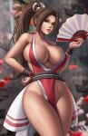 alluring bare_legs brown_hair fatal_fury female_abs flowerxl holding_fan king_of_fighters kunoichi mai_shiranui snk voluptuous