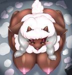 1girl 1girl 2019 26:27 absurd_res anthro anthrofied ass big_ass big_breasts biped bird's-eye_view bovid breasts caprine high-angle_view high_res huge_breasts hyper hyper_breasts kneel looking_at_viewer mammal milkteafox nintendo pokémon pokémon_(species) pokémorph tongue tongue_out video_games wooloo