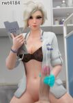  1boy 1girl 3d blonde_hair blue_eyes bottomless bra clipboard cum doctor ejaculation handjob huge_cock labcoat lace-trimmed_bra large_penis looking_at_viewer medium_breasts mercy_(overwatch) open_clothes overwatch penis pov pov_eye_contact pussy rwt4184 stethoscope straddling watermark 