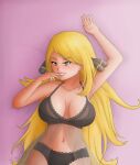  1female 1girl 2018 big_breasts black_lingerie blonde_hair breasts creatures_(company) cynthia_(pokemon) digital_drawing_(artwork) digital_media_(artwork) female_only finger_on_mouth fit_female game_freak hair_bow lingerie long_hair looking_at_viewer lying_on_bed lying_on_floor midriff navel nintendo pale-skinned_female pale_skin panties pokemon pokemon_dppt pokemon_trainer saf-404 safartwoks safartworks seductive_eyes seductive_look sexy_body shiny_skin smiley_face straight_hair upper_body video_game_character yellow_eyes 