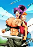  breasts_bigger_than_head centaur erect_nipples futurama futurama:_bender&#039;s_game holding_breasts kogeikun leegola massive_breasts muscular_female philip_j._fry turanga_leela wardrobe_malfunction 