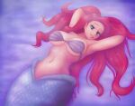  1female 1girl armpits arms_up big_breasts blue_eyes detailed_eyes disney disney_princess female_only hands_behind_head high_res long_hair lying mermaid mermaid_girl navel on_back pink_mouth pink_nipples png princess_ariel purple_background purple_bra red_hair saf-404 safartwoks safartworks shell_bikini tagme the_little_mermaid underwater very_long_hair white_body 