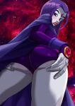 1girl ass ass_grab back_view blush cameltoe cape clothed dat_ass dc_comics from_below galaxy grey_skin leotard looking_at_viewer looking_back looking_down open_mouth pinup presenting purple_eyes purple_hair raven_(dc) short_hair solo_focus star teen_titans xkorner