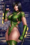  1girl armgloves artist_logo black_hair black_orchid blue_eyes blurry_background cleavage depth_of_field detailed_background female_only fighter flowerxl green_gloves green_high_heel_boots green_leotard hand_on_weapon huge_ass huge_breasts killer_instinct leotard light-skinned_female light_skin looking_at_viewer orchid purple_lips purple_lipstick rareware ribbon_trim ripped_clothes ripped_clothing ripped_leotard short_hair side_view standing thick_thighs video_game_character video_games weapon 