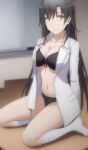  1girl alluring bare_legs big_breasts black_hair bra cleavage coffee_art grey_eyes open_labcoat panties shizuka_hiratsuka underwear yahari_ore_no_seishun_lovecome_wa_machigatteiru. 