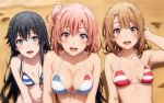 3_girls alluring amber_eyes auburn_hair beach bikini black_hair blue_eyes breasts cleavage cookiefudge isshiki_iroha magenta_eyes ocean pink_hair yahari_ore_no_seishun_lovecome_wa_machigatteiru. yuigahama_yui yukinoshita_yukino