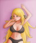  1female 1girl 2018 big_breasts black_lingerie blonde_hair breasts creatures_(company) cynthia_(pokemon) digital_drawing_(artwork) digital_media_(artwork) female_only finger_on_mouth fit_female game_freak hair_bow lingerie long_hair looking_at_viewer lying_on_bed lying_on_floor midriff nintendo pale-skinned_female pale_skin panties pokemon pokemon_dppt pokemon_trainer saf-404 safartwoks safartworks seductive_eyes seductive_look sexy_body shiny_skin smiley_face straight_hair upper_body video_game_character yellow_eyes 