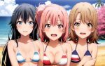 3_girls alluring amber_eyes auburn_hair beach bikini black_hair blue_eyes blue_sky breasts cleavage cookiefudge isshiki_iroha magenta_eyes ocean pink_hair yahari_ore_no_seishun_lovecome_wa_machigatteiru. yuigahama_yui yukinoshita_yukino