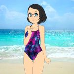  beach black_hair blue_eyes glasses one-piece_swimsuit original swimsuit 