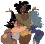 3_girls areola arms_up bags_under_eyes bent_over black_female black_hair blue_hair breast_press cowgirl_position dark-skinned_female earrings female_only gigantic_breasts hoop_earrings huge_ass hugging jerikah_hunter kobalt_heinzelmann leggings lips messy_hair no_bra original original_character shantia_(slb) shirt_lift short_shorts shorts shrug slb smile standing torn_legwear