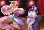 anthro blue_hair blues64 fluttershy gigantic_ass gigantic_breasts horn hourglass_figure marauder6272 my_little_pony pink_hair rarity very_long_hair wings