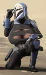 armor big_breasts bo-katan_kryze breast_expansion gun helmet huge_breasts kneeling massive_breasts milf paperface_(artist) photoshop star_wars torn_clothing weapon