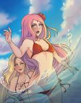 2girls alternate_hairstyle asetr assisted_exposure big_breasts bikini blonde_hair blue_eyes blush boruto:_naruto_next_generations breasts cleavage facial_mark female_only flower forehead_mark green_eyes hair_ornament ino_yamanaka long_hair makeup naruto naruto:_the_last naruto_(series) partially_submerged partially_underwater_shot pink_hair pink_lips pussy sakura_haruno small_breasts smile surprised underwater undressing undressing_another untied_bikini water yuri